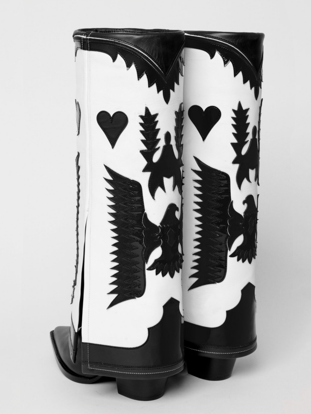 Fold-Over Panel Eagle And Heart Applique Snip-Toe Knee High Boots - Black