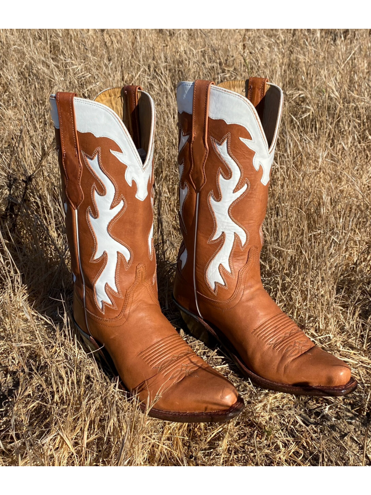 Tan Snip-Toe White Inlay And Applique Wide Mid Calf Tall Cowgirl Boots
