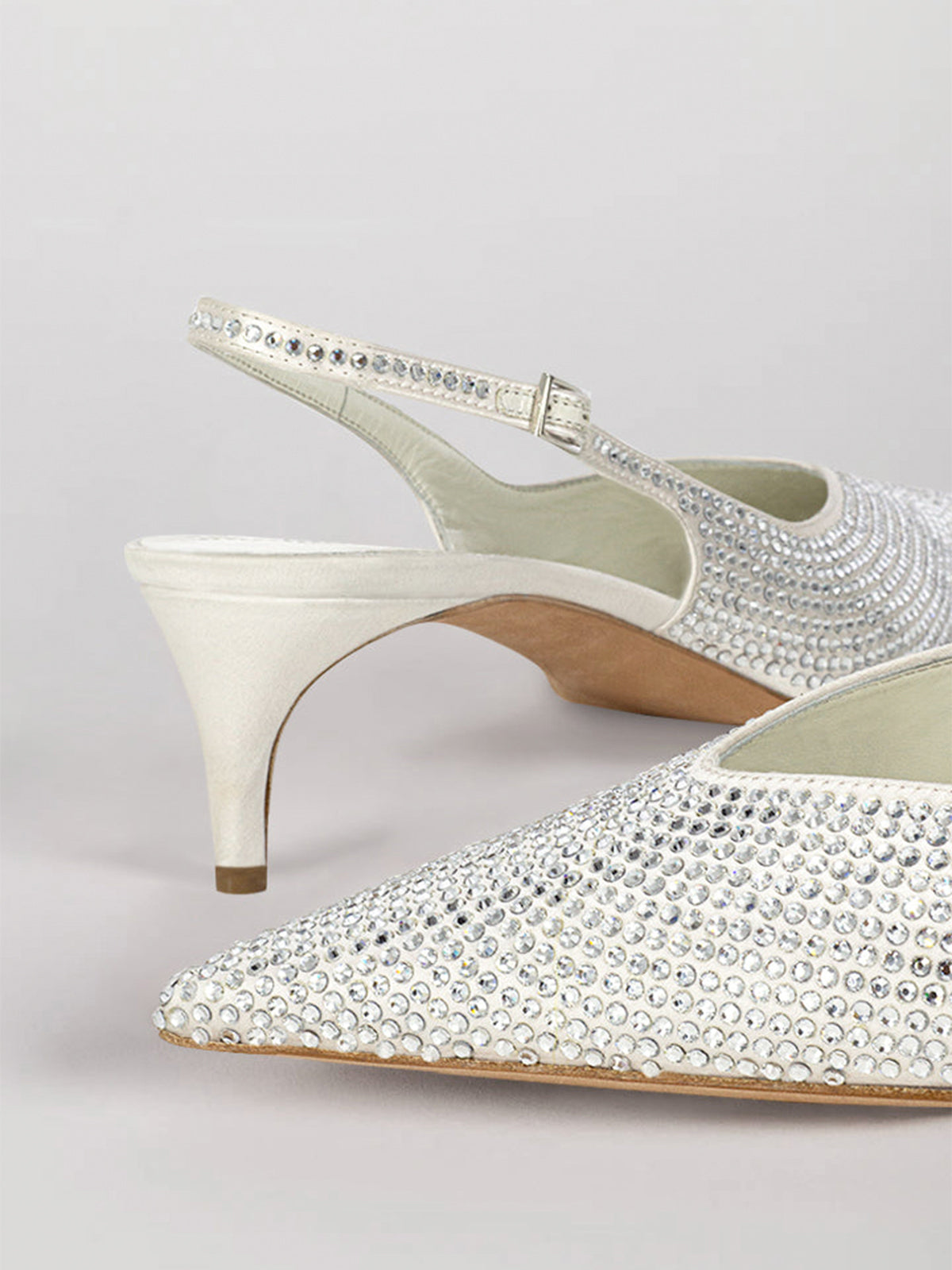 Ivory Satin Pointed-Toe Rhinestone Slingback Kitten Heels