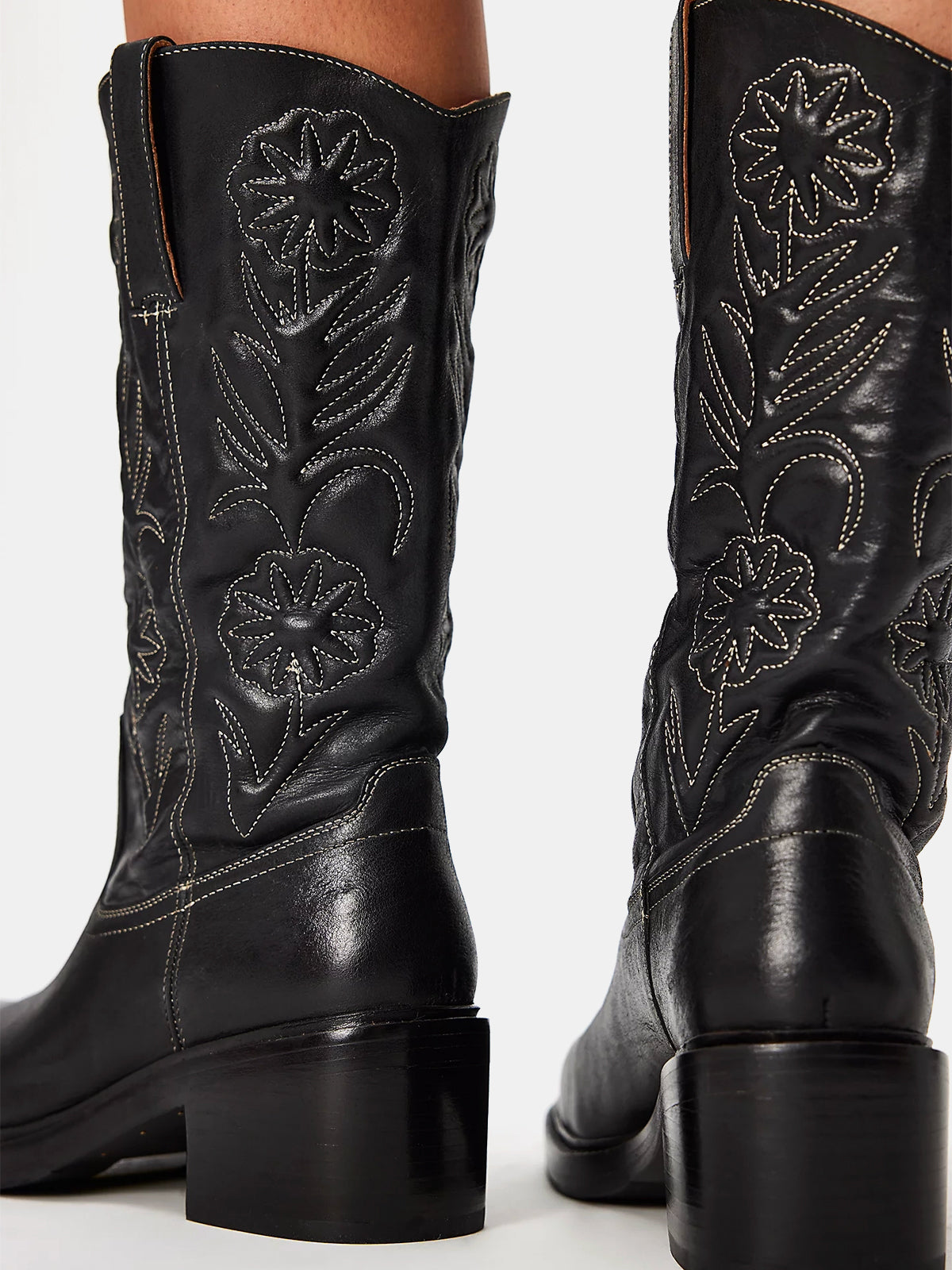 Black Square-Toe Flowers Stitch Mid Calf Cowgirl Boots