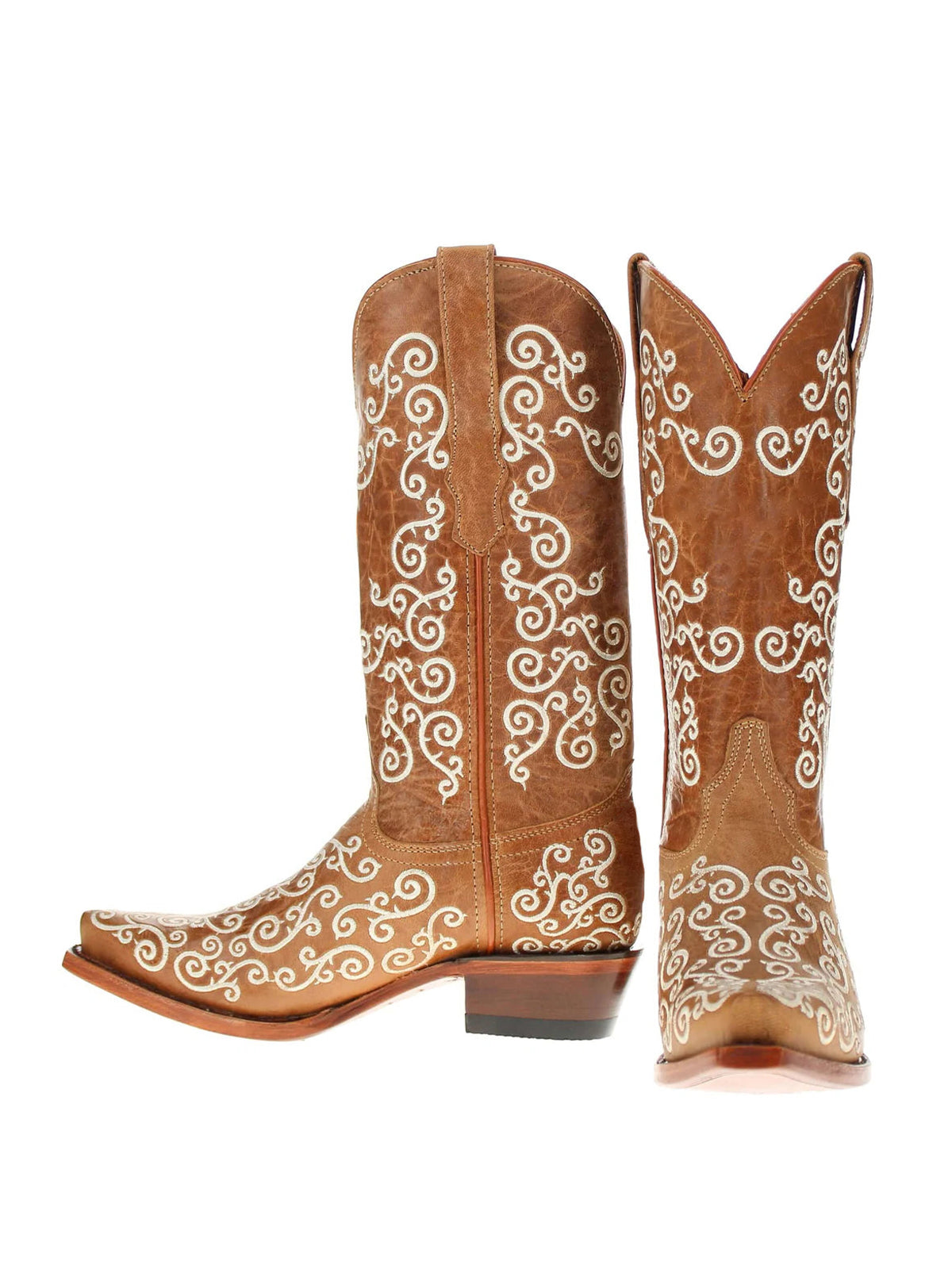 Caramel Snip-Toe Curl Embroidery Mid Calf Cowgirl Boots