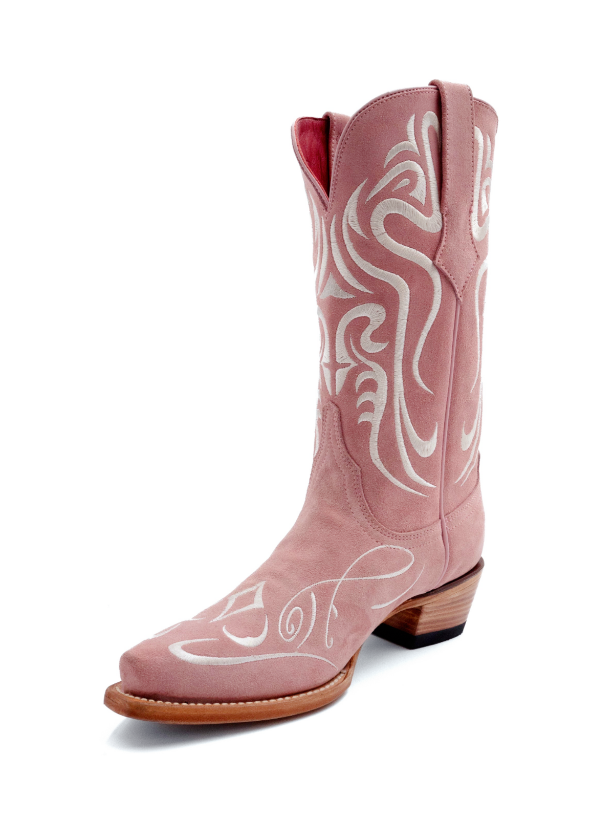 Pink Faux Suede Scroll Embroidery Snip-Toe Cowgirl Tall Boots Wide Mid Calf Western Boots