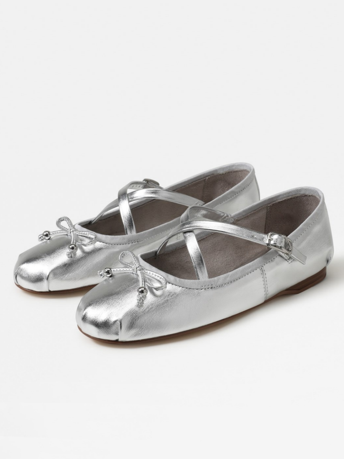 Metallic Silver Bow Ballerina Flats With Crossed Buckled Strap