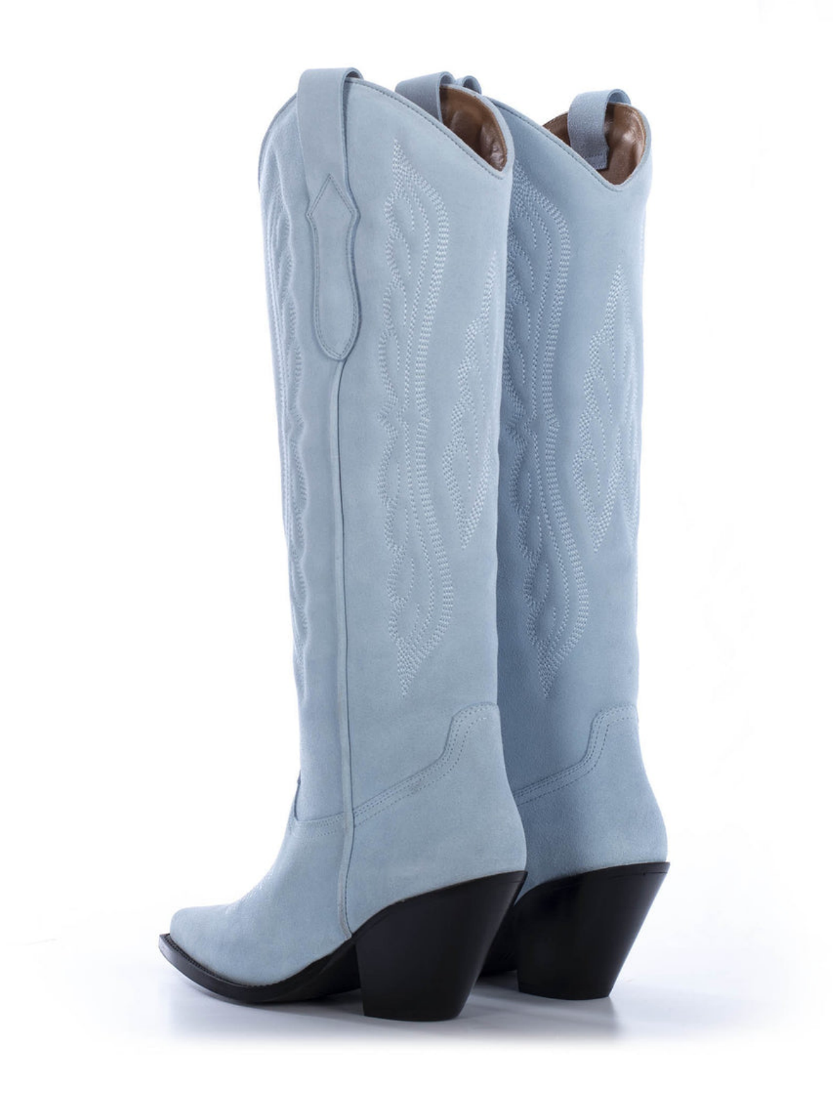 Wing Embroidery Faux Suede Pointed-Toe Wide Calf Tall Knee High Cowgirl Boots - Sky Blue