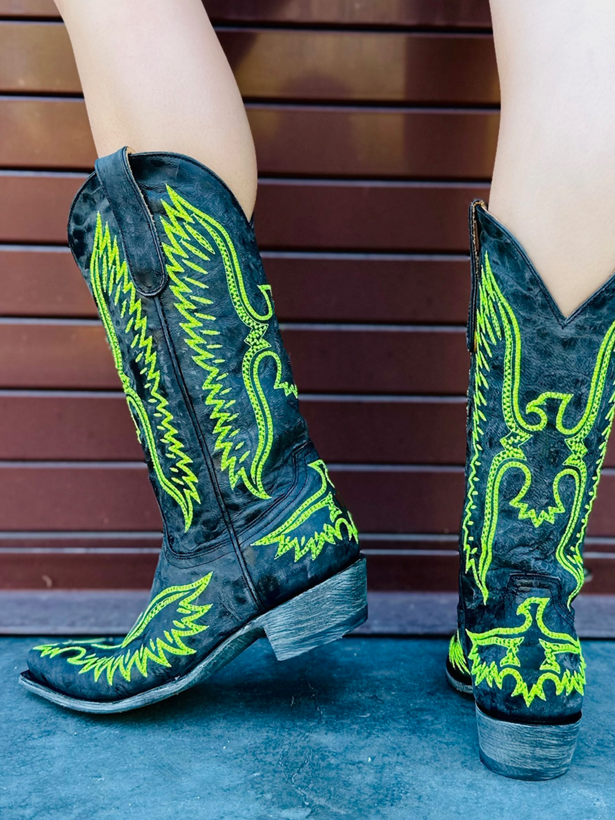 Distressed Black Snip-Toe Yellow Eagle Embroidery Wide Mid Calf Cowgirl Boots