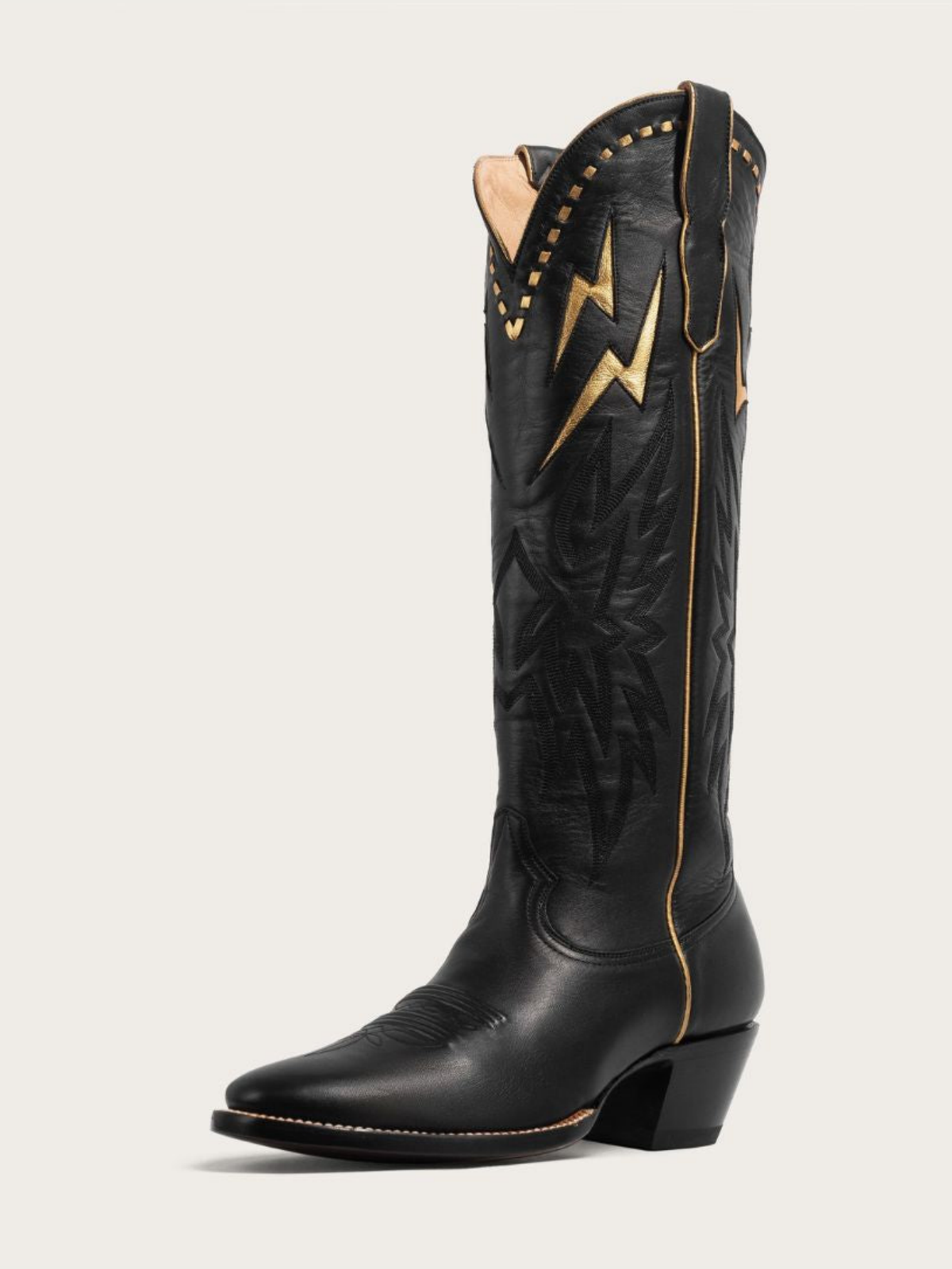 Metallic Gold Lightning Inlay Stitch Embroidery Almond-Toe Wide Mid Calf Tall Cowgirl Boots - Black