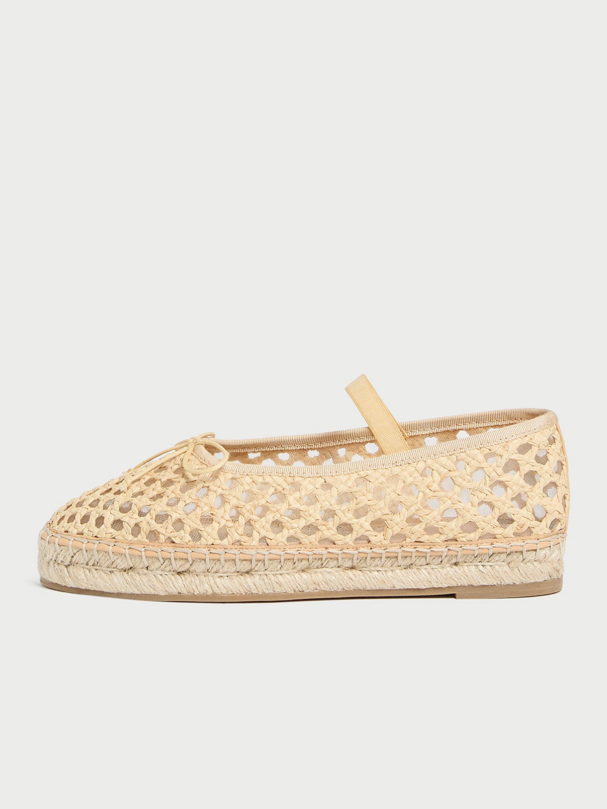 Beige Almond-Toe Elastic Bridge Strap Mesh Bow Espadrille Ballet Flats