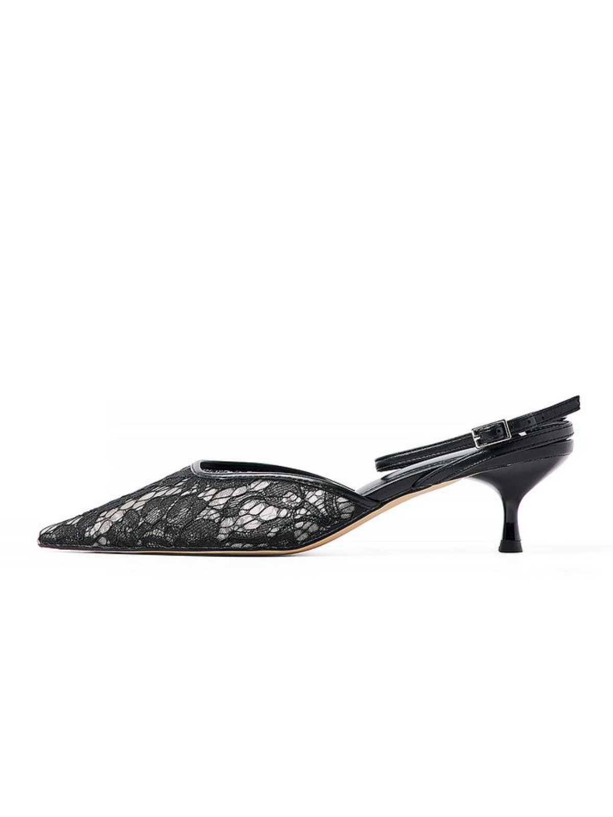 Black Lace Floral Mesh Pointed-Toe Slingback Pump Kitten Heels With Ankle-Strap