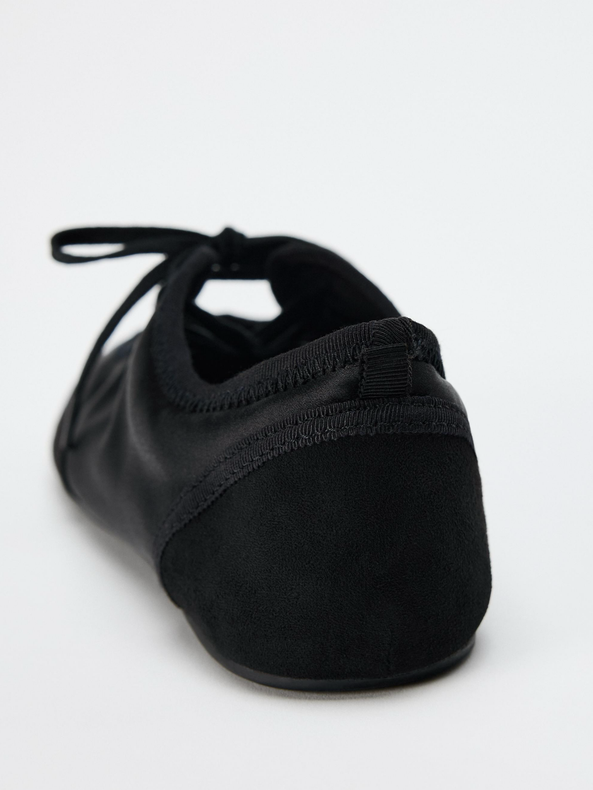 Black Contrast Faux Suede And Cloth Round-Toe Lace-Up Ballet Flats