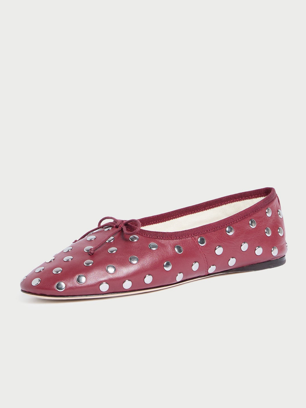 Wine Red Almond-Toe Bow Ballet Flats With Silver Studs