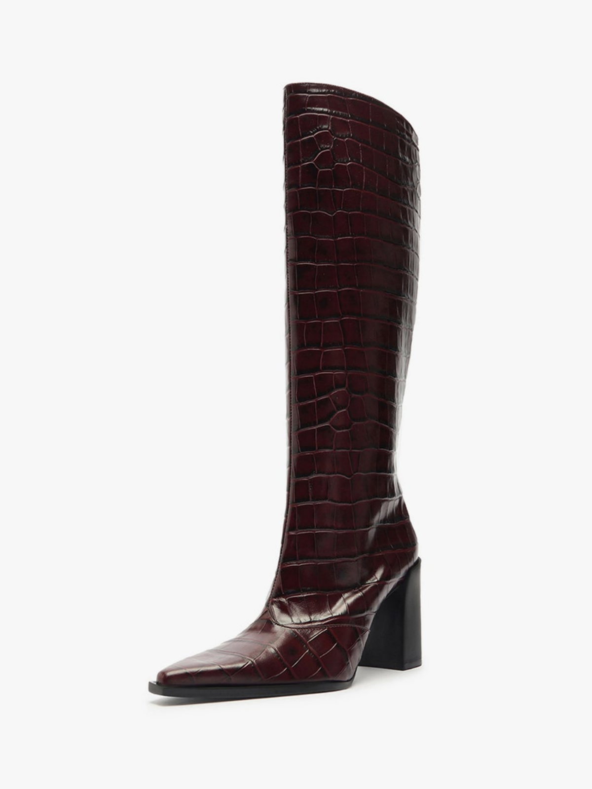 Wine Red Crocodile-Embossed Full-Zip Mid Calf Boots