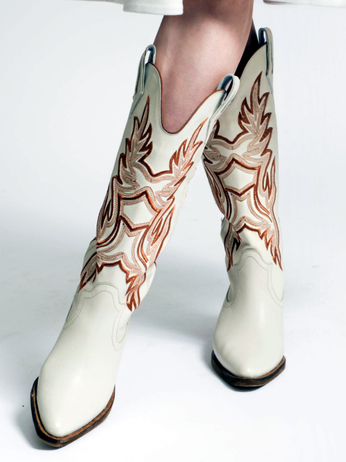 Ivory Vegan Leather Snip-Toe Embroidery Wide Mid Calf Tall Cowgirl Boots