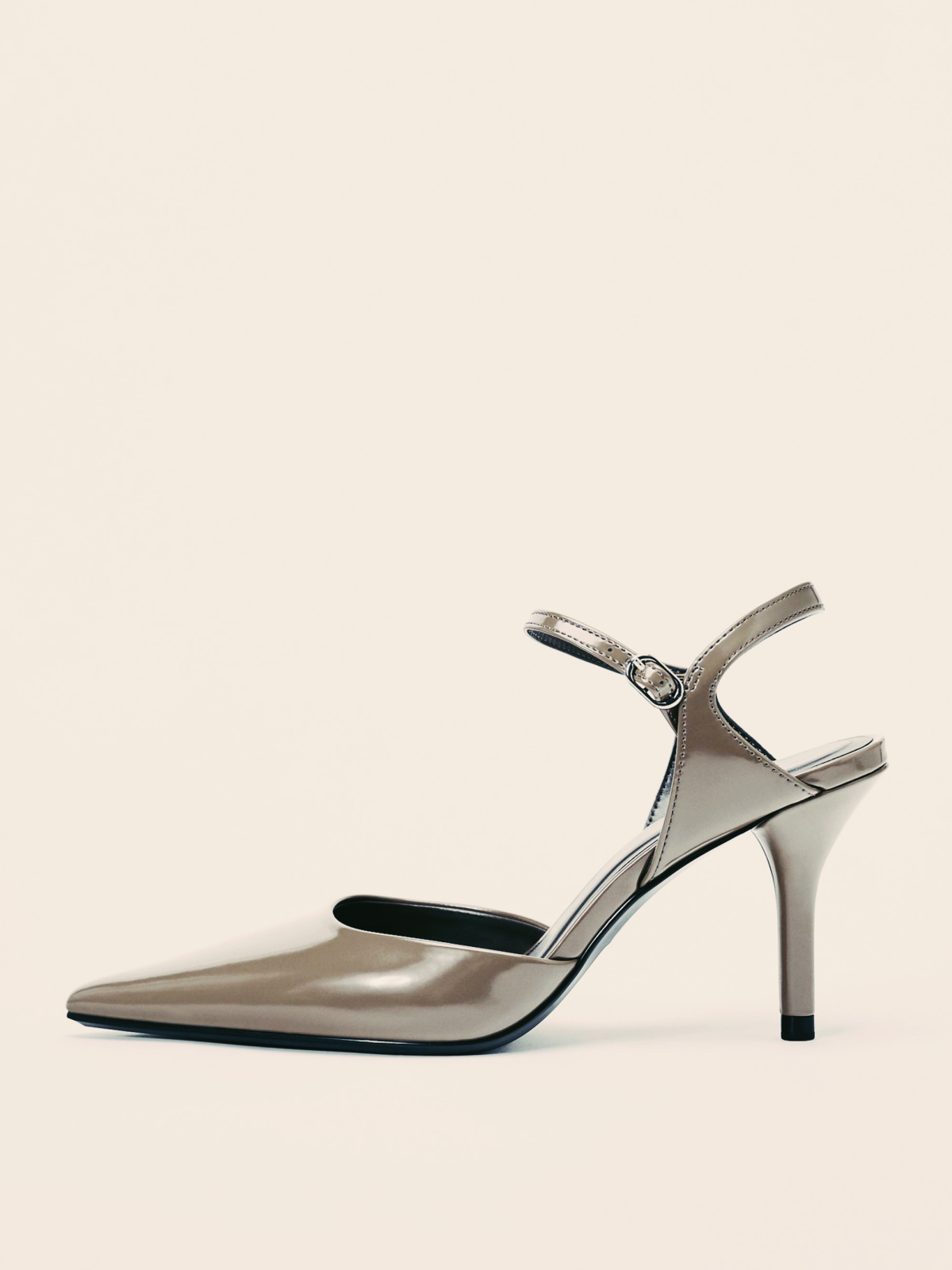 Taupe Grey Patent Pointy High Heels Pumps With Buckled Ankle Strap