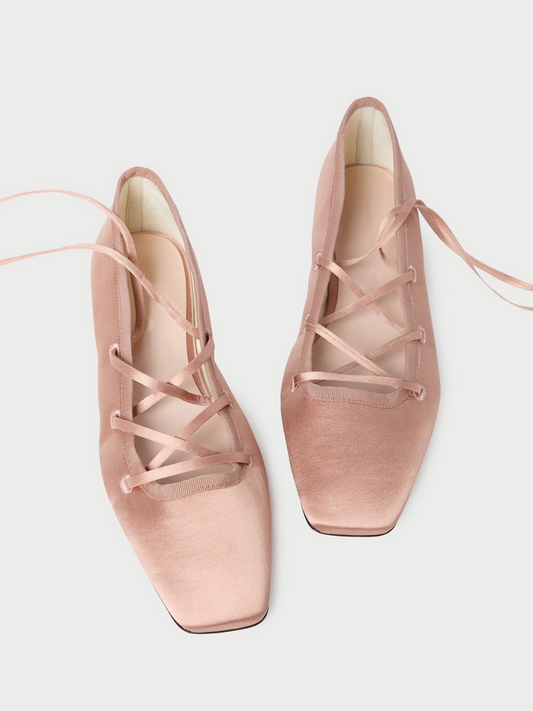 Blush Pink Cloth Square-Toe Lace-Up Ballet Flats