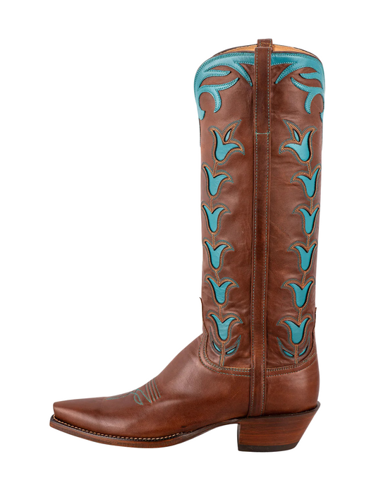 Chocolate Snip-Toe Tulip Inaly Wide Mid Calf Tall Cowgirl Boots