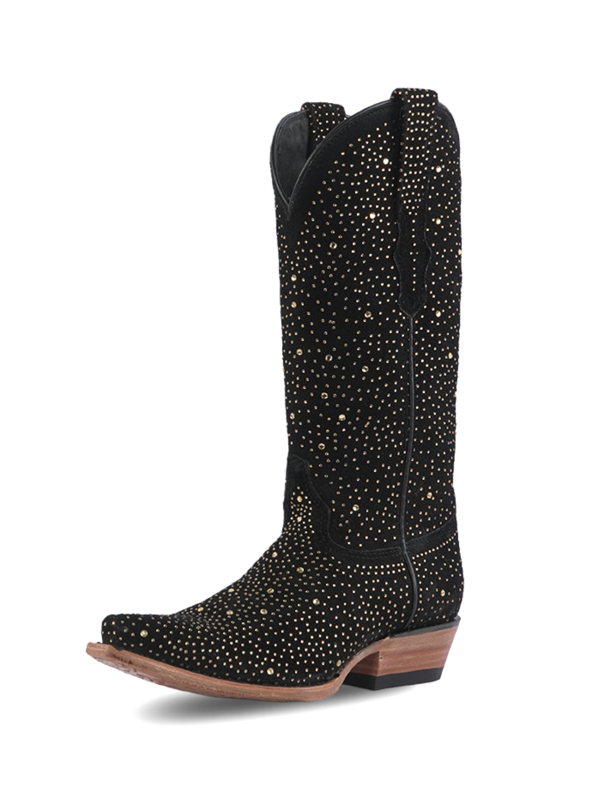 Black Faux Suede Snip-Toe Rhinestone Wide Mid Calf Tall Cowgirl Boots