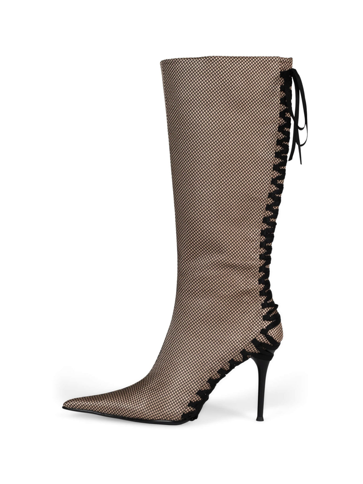 Metallic Fabric Champagne Full-Zip Mid Calf Stiletto Boots With Corset Lacing And Fishnet Overlay