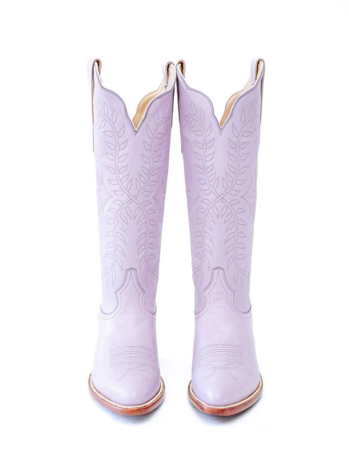 Leaves Embroidery Almond-Toe Wide Mid Calf Cowgirl Boots - Lavender