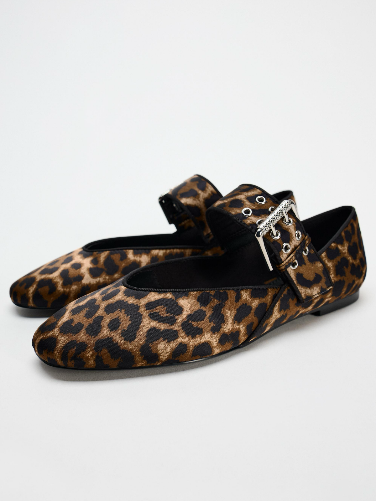 Leopard Print Cloth Square-Toe Wide Strap With Buckle Mary Janes Ballet Flats