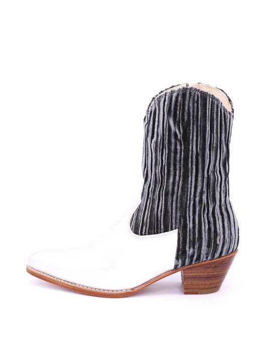 Silver Striped Velvet And White Vegan Leather Almond-Toe Full-Zip Mid Calf Cowgirl Boots