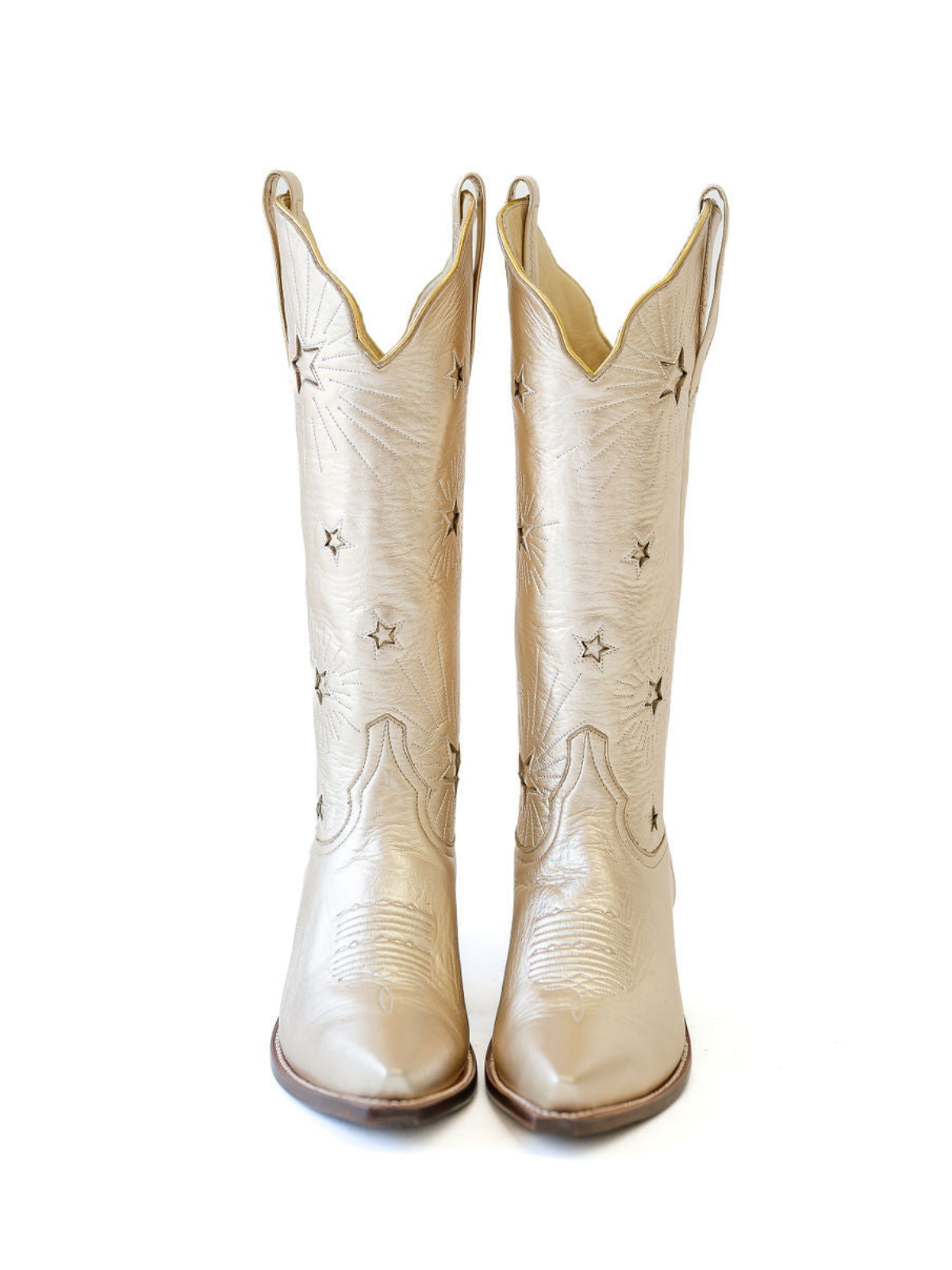 Metallic Gold Snip-Toe Wide Mid Calf Cowgirl Boots With Stars Inlay