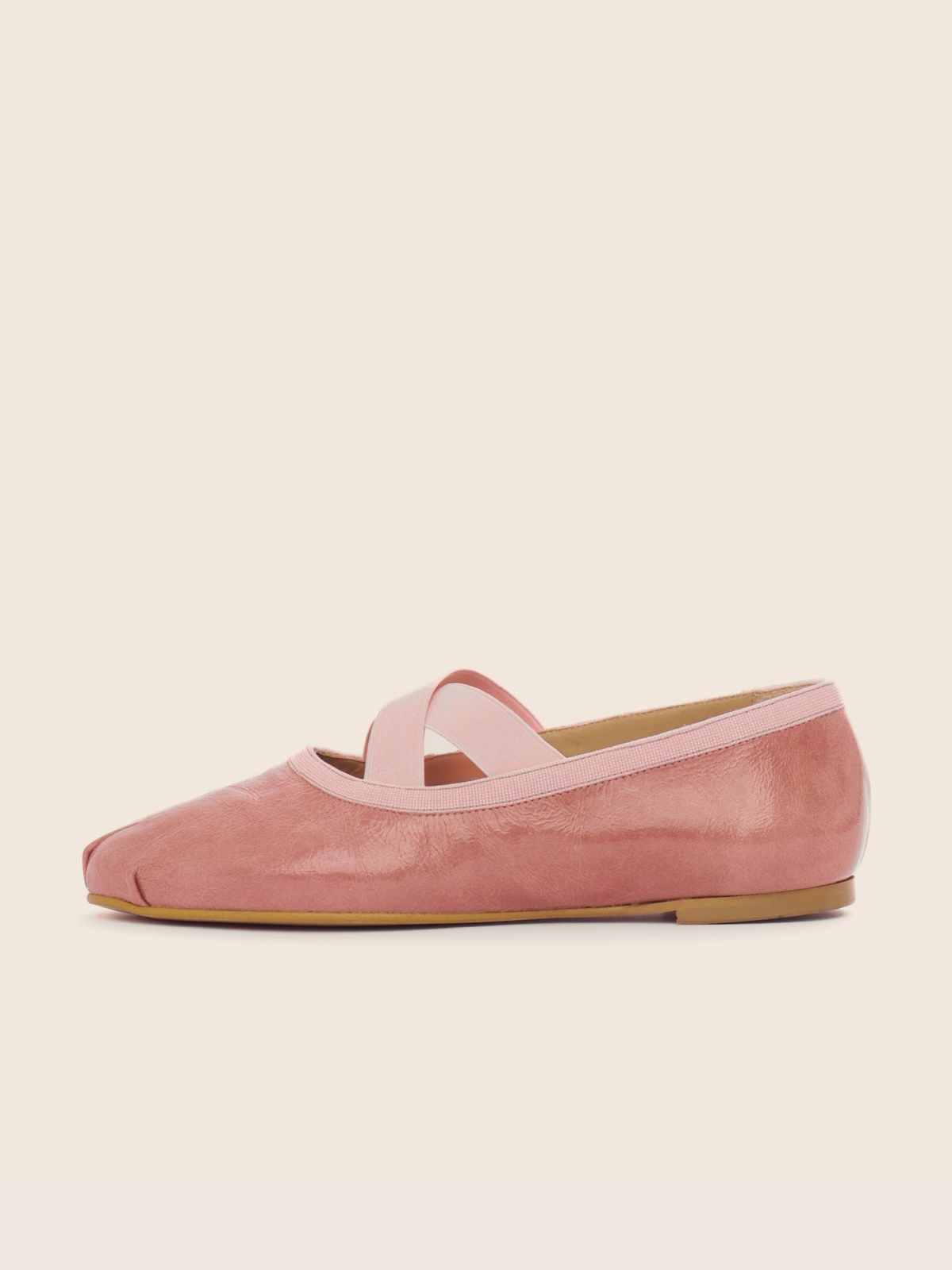 Glossy Dusty Rose Round Toe Ballet Flats With Crossed Strap