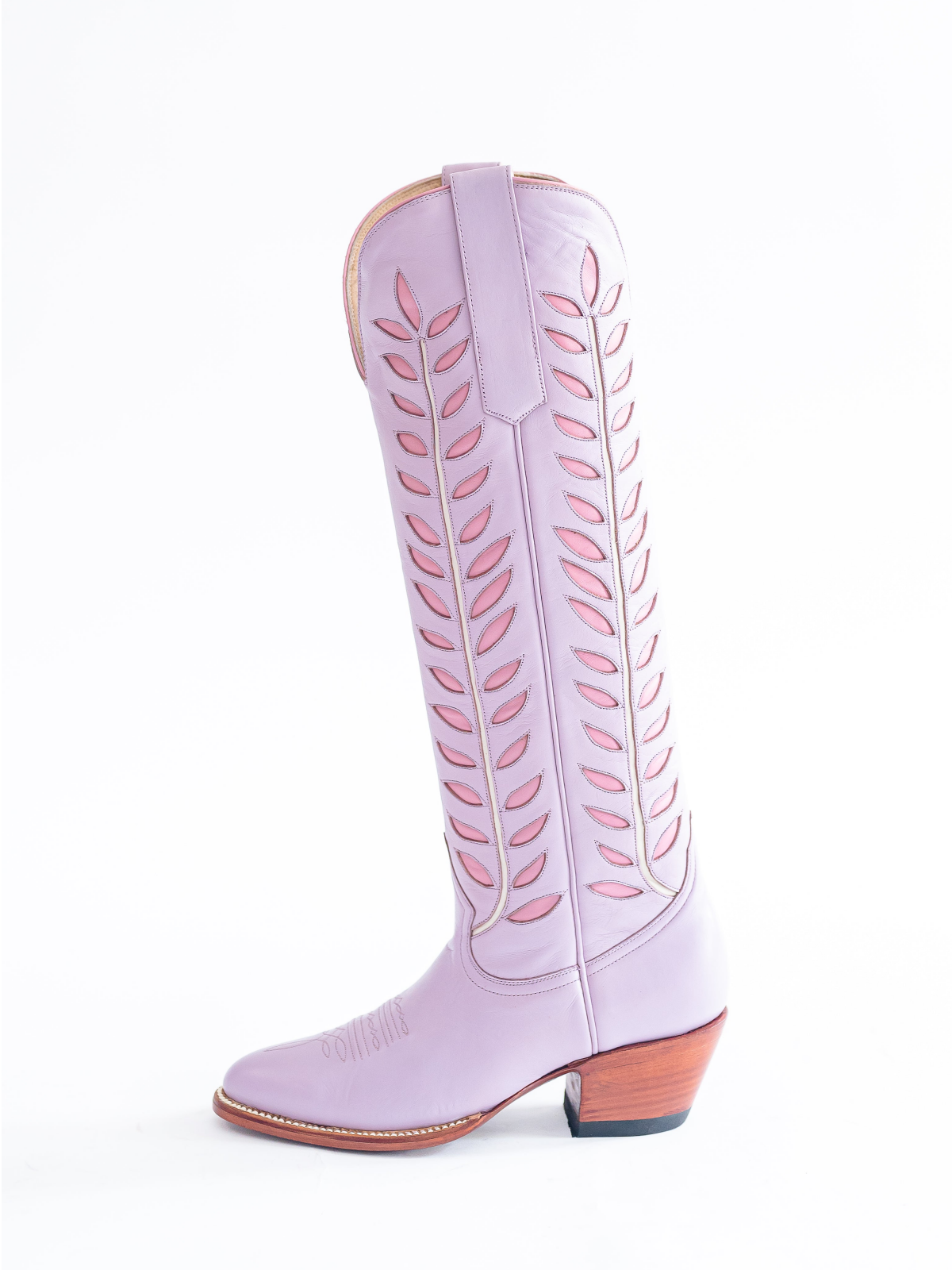 Almond-Toe Pink Leaves Inlay Wide Calf Tall Knee High Cowgirl Boots - Lavender