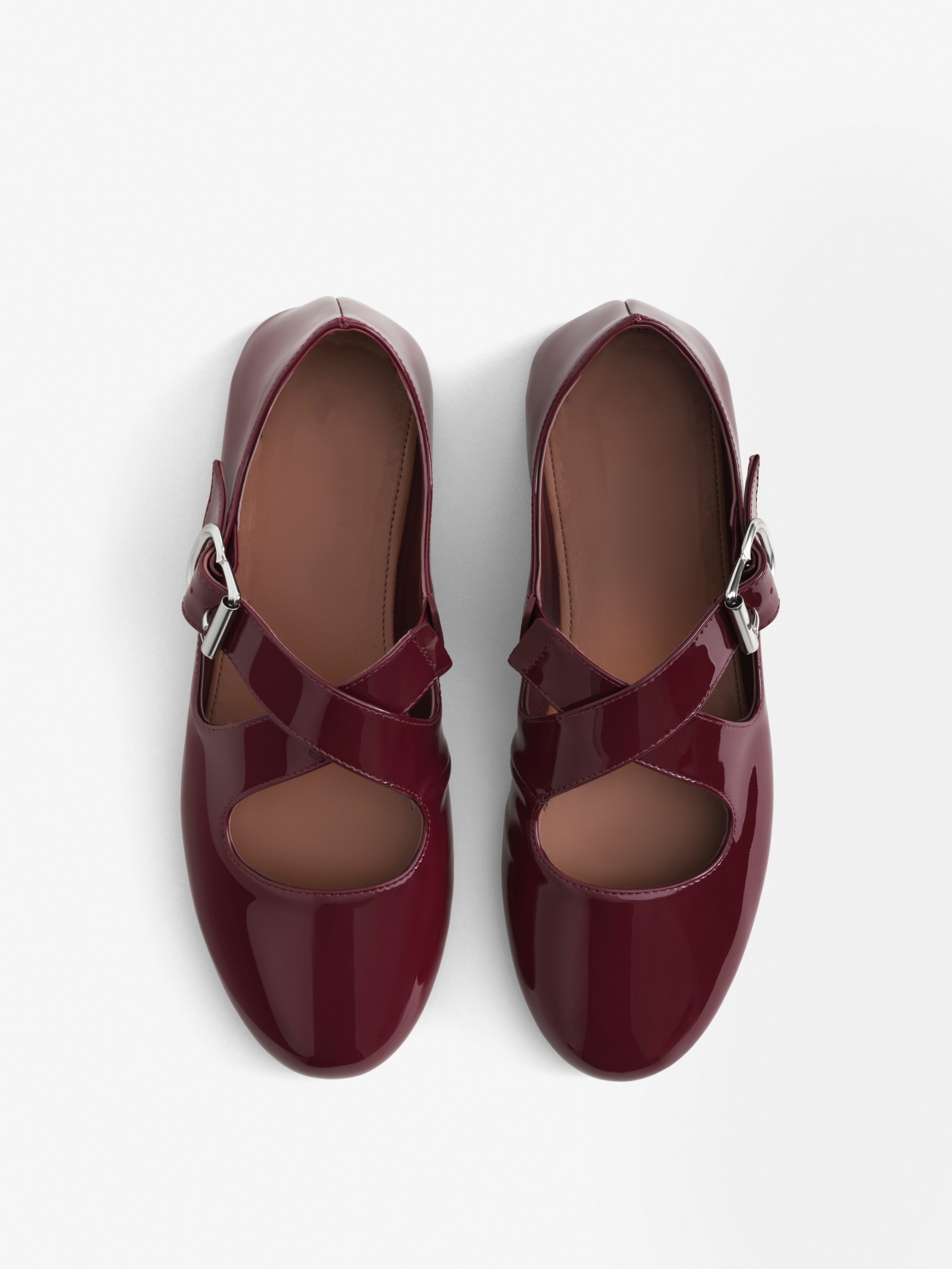 Wine Red Patent Round-Toe Cross Buckle Straps Ballet Flats