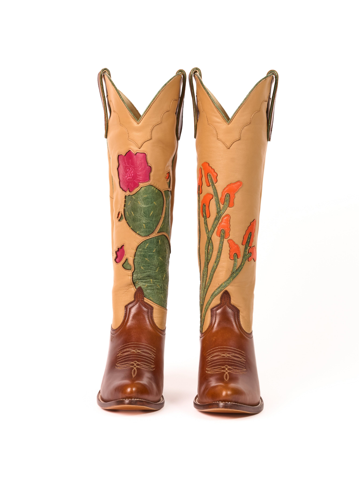 Contrast Tan And Brown Almond-Toe Cactus And Flower Inlay Applique Knee High Cowgirl Boots