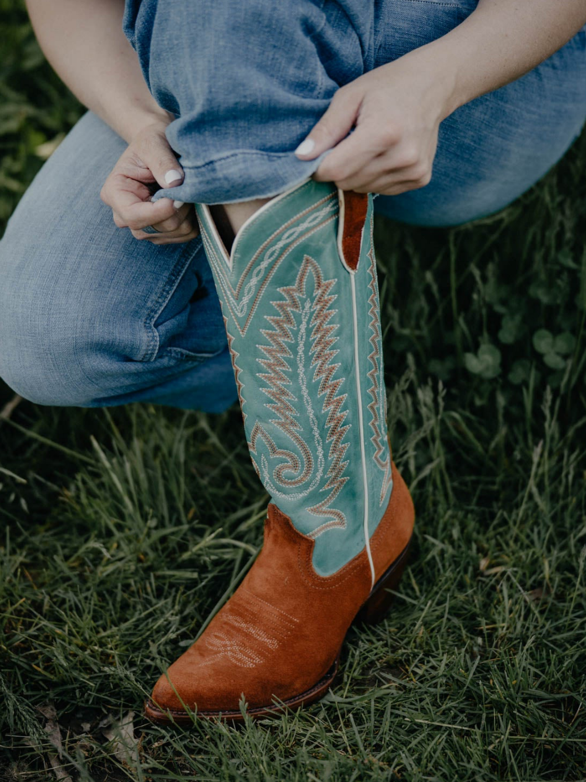 Contrast Teal Green And Brown Faux Suede Almond-Toe Embroidery Wide Mid Calf Cowgirl Boots