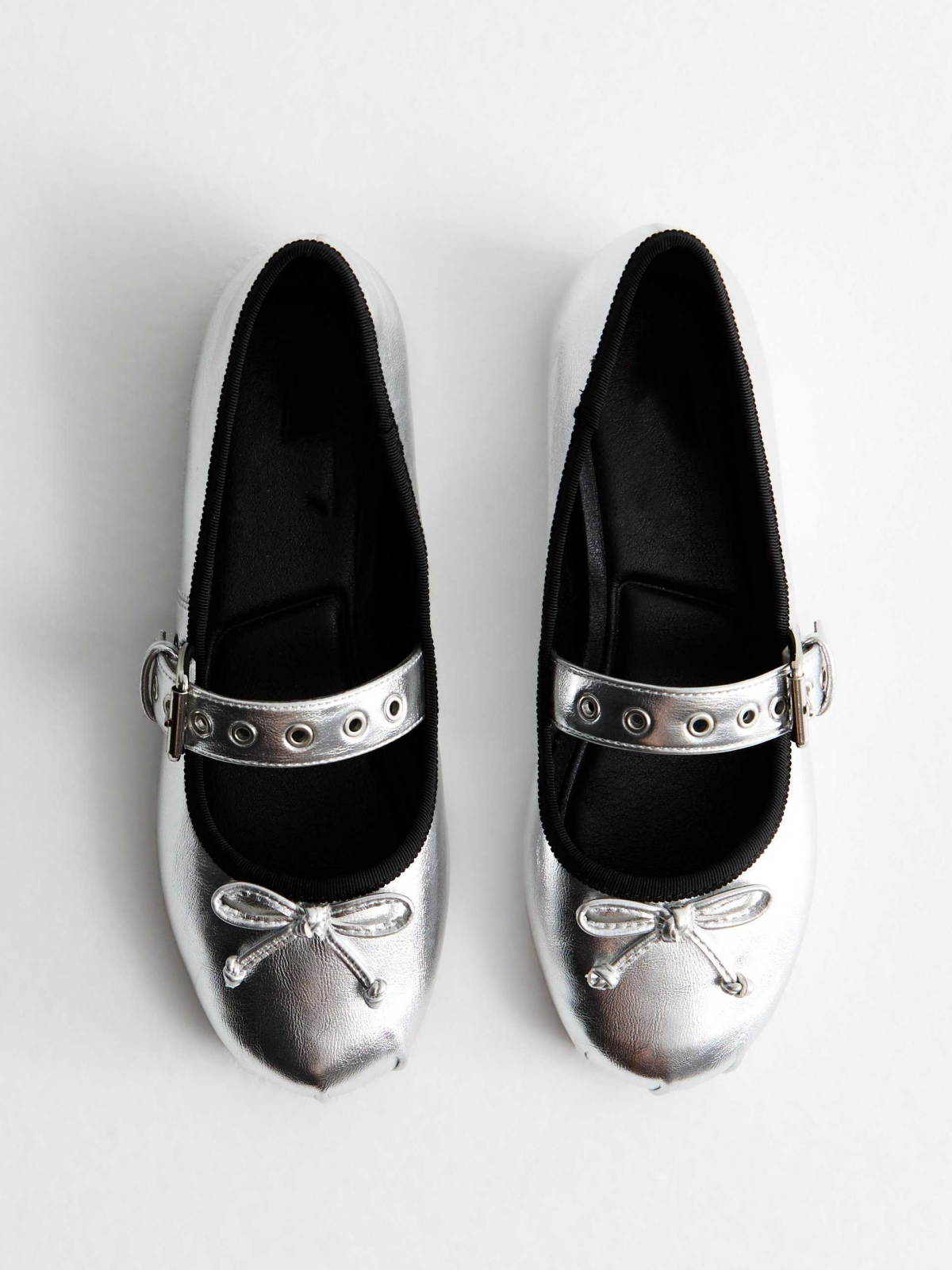 Metallic Silver Bow Ballet Flats Mary Janes With Eyelet Buckled Strap