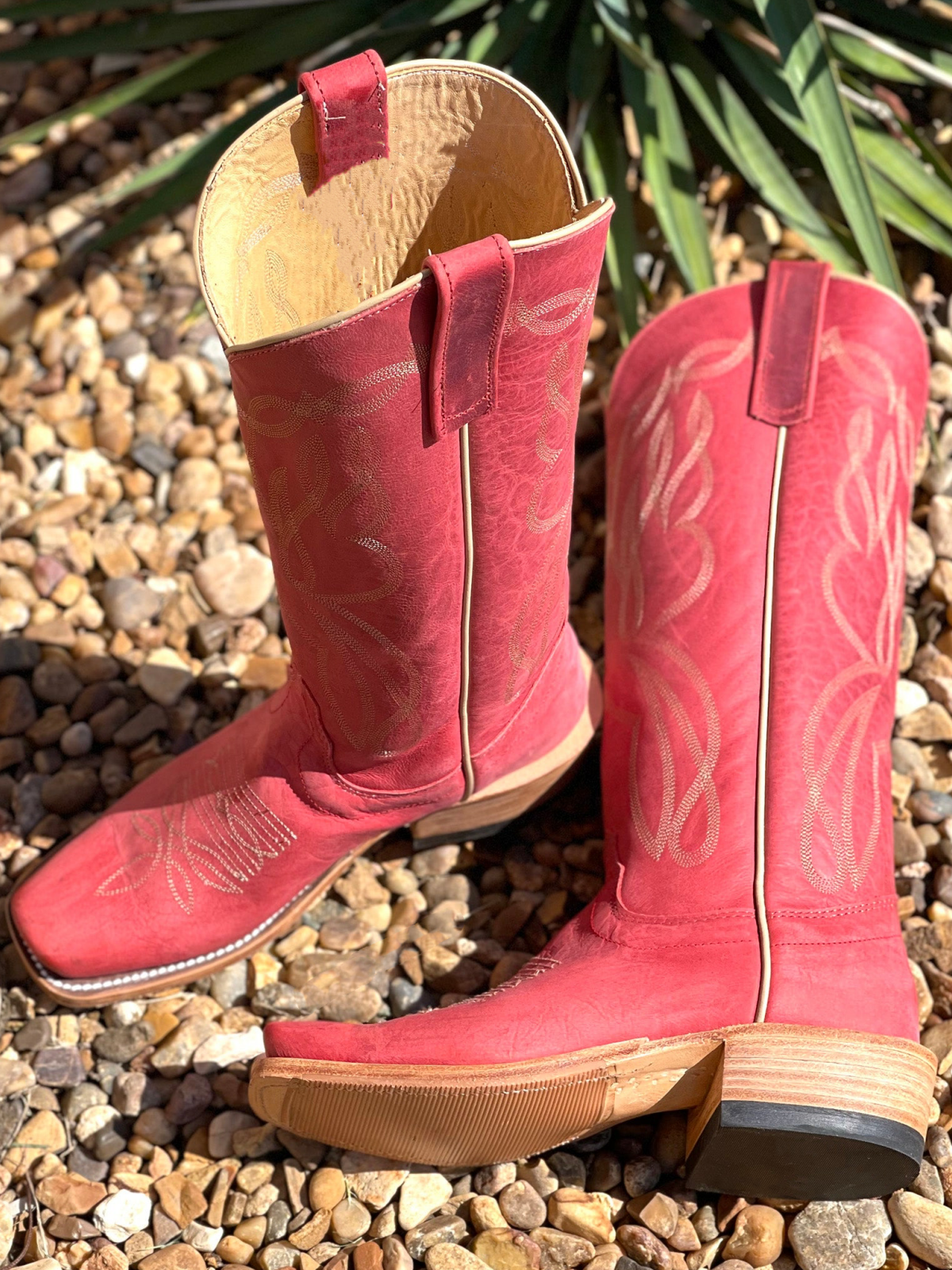 Cherry Red Square-Toe Embroidery Wide Mid Calf Tall Cowboy Boots For Women