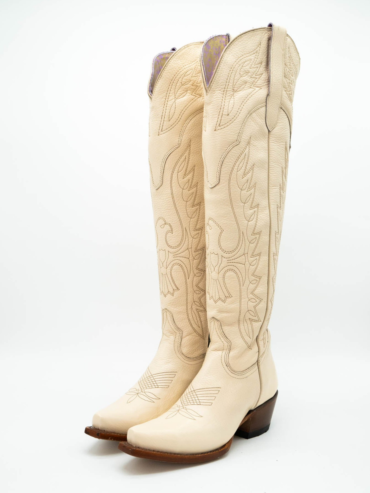 Eagle Embroidery Snip-Toe Half-Zip Over-The-Knee Tall Cowgirl Boots - Ivory