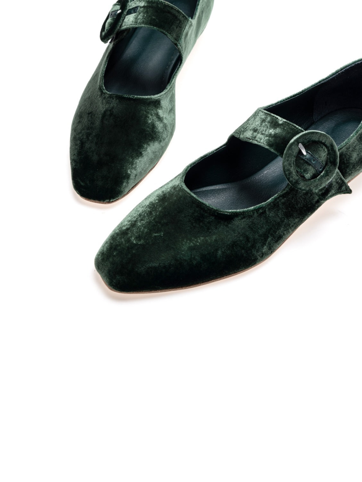 Green Velvet Elongated Ballet Flats Mary Janes With Oversized Buckle