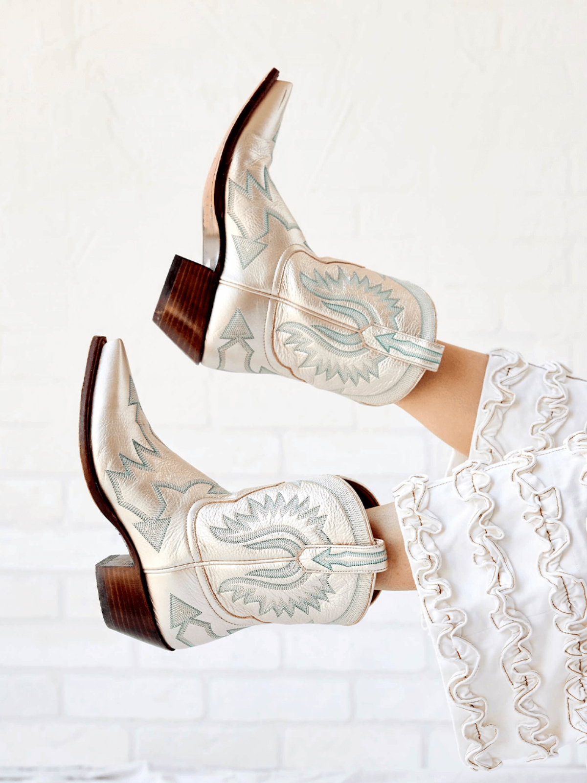 Metallic Embroidery Snip-Toe Wide Mid Calf Cowgirl Boots - Light Champagne