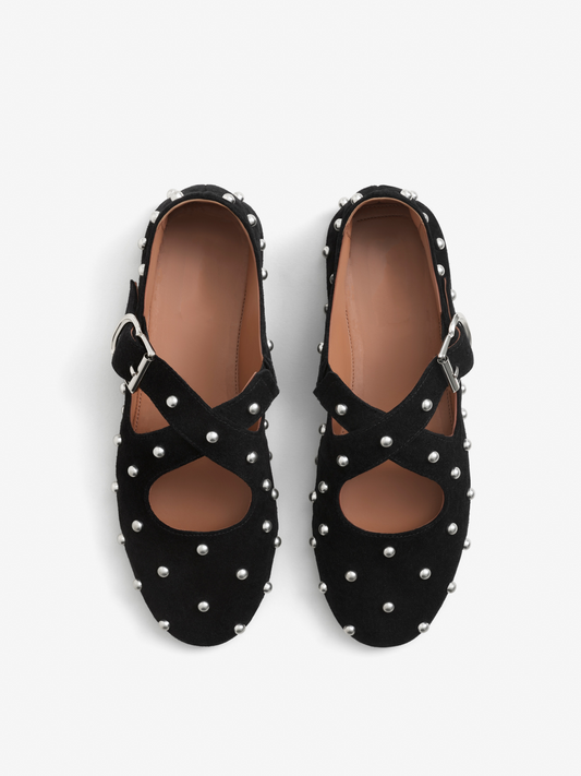 Black Faux Suede Round-Toe Cross Buckle Straps Ballet Flats With Studs