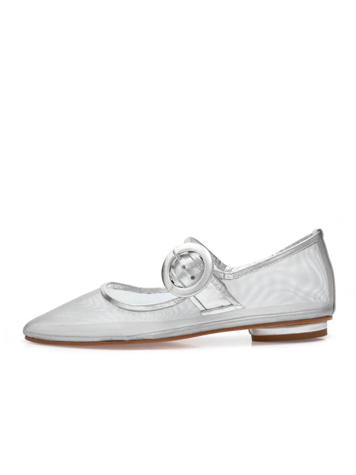 Metallic Silver Mesh Elongated Ballet Flats Mary Janes With Oversized Buckle