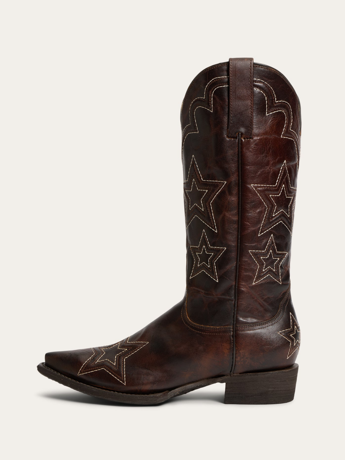 Dark Brown Snip-Toe Star Embroidery Wide Mid Calf Tall Cowgirl Boots