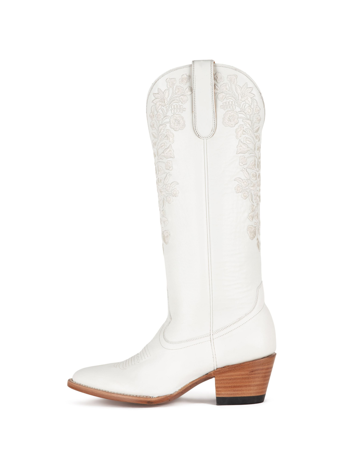 White Floral Embroidery Round-Toe Wide Mid Calf Cowboy Tall Boots For Women