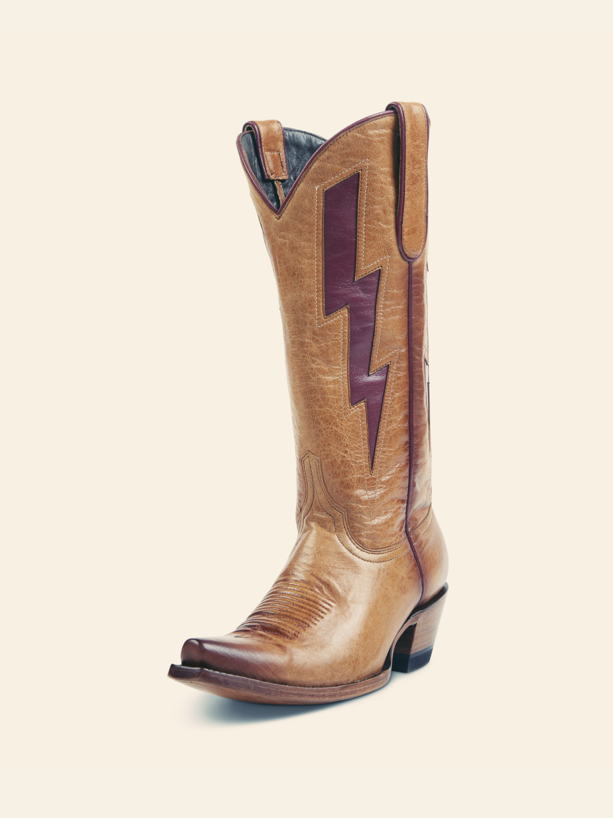 Tan Stitch Snip-Toe Wide Calf Tall Cowgirl Boots With Burgundy Lightning Inlay