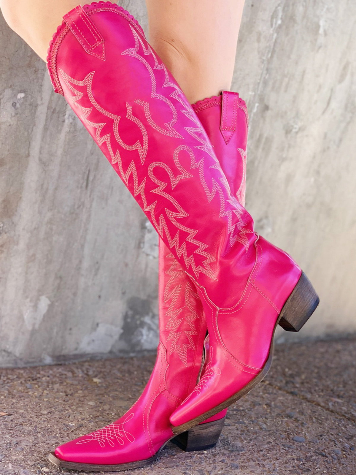 Snip-Toe Classic Embroidery Half-Zip Knee High Tall Cowgirl Boots - Hot Pink