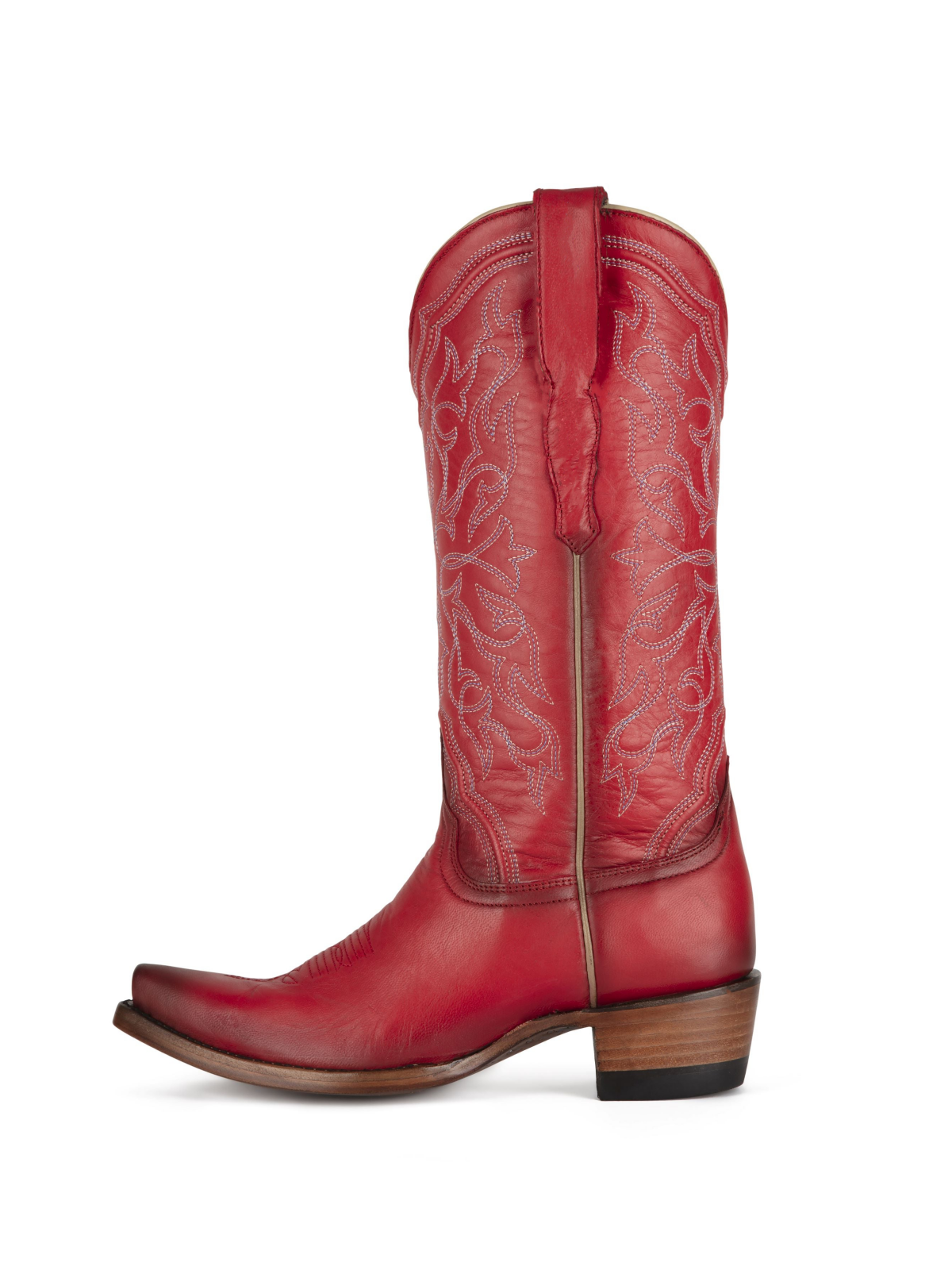 Burnish Red Vegan Leather Snip-Toe Embroidery Wide Mid Calf Cowgirl Tall Boots