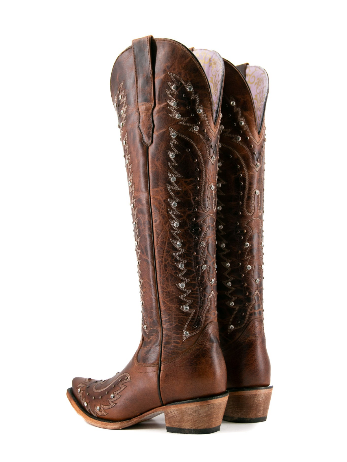 Distressed Brown Snip-Toe Studded Eagle Embroidery Half-Zip Knee High Cowgirl Boots