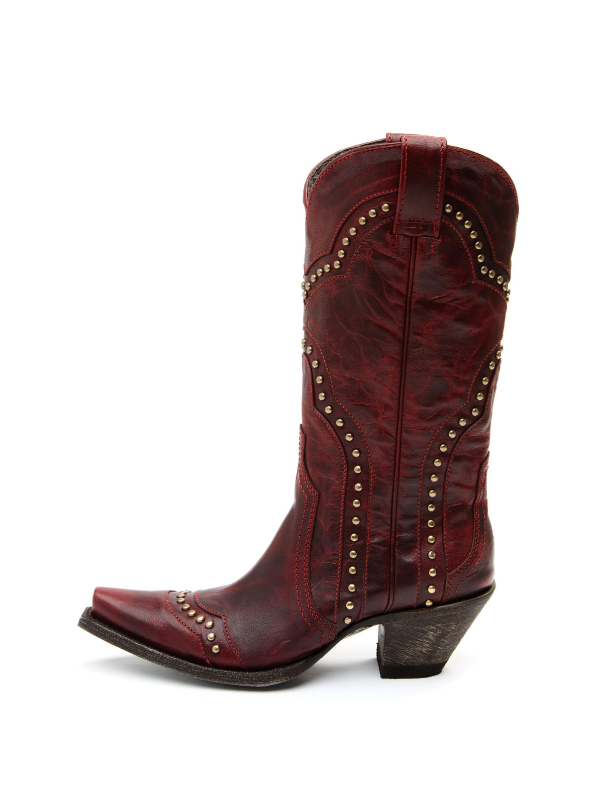 Dark Red Distressed Stitch Studded Snip-Toe Wide Mid Calf Cowgirl Tall Boots