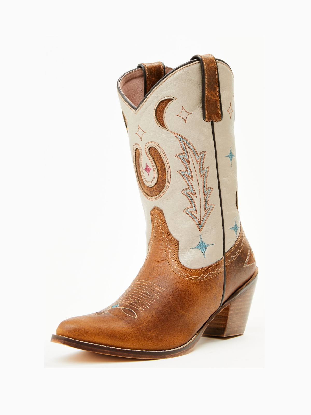 Contrast Brown And Ivory Almond-Toe Embroidery Moon Inlay Wide Mid Calf Cowgirl Boots