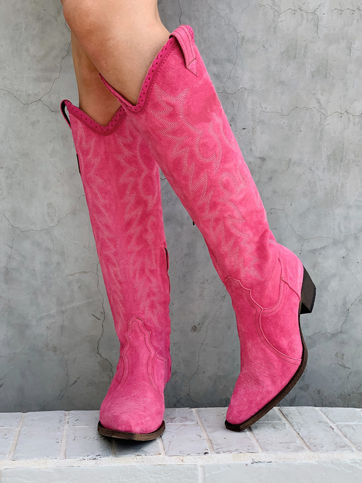 Faux Suede Snip-Toe Classic Embroidery Half-Zip Knee High Tall Cowgirl Boots - Hot Pink