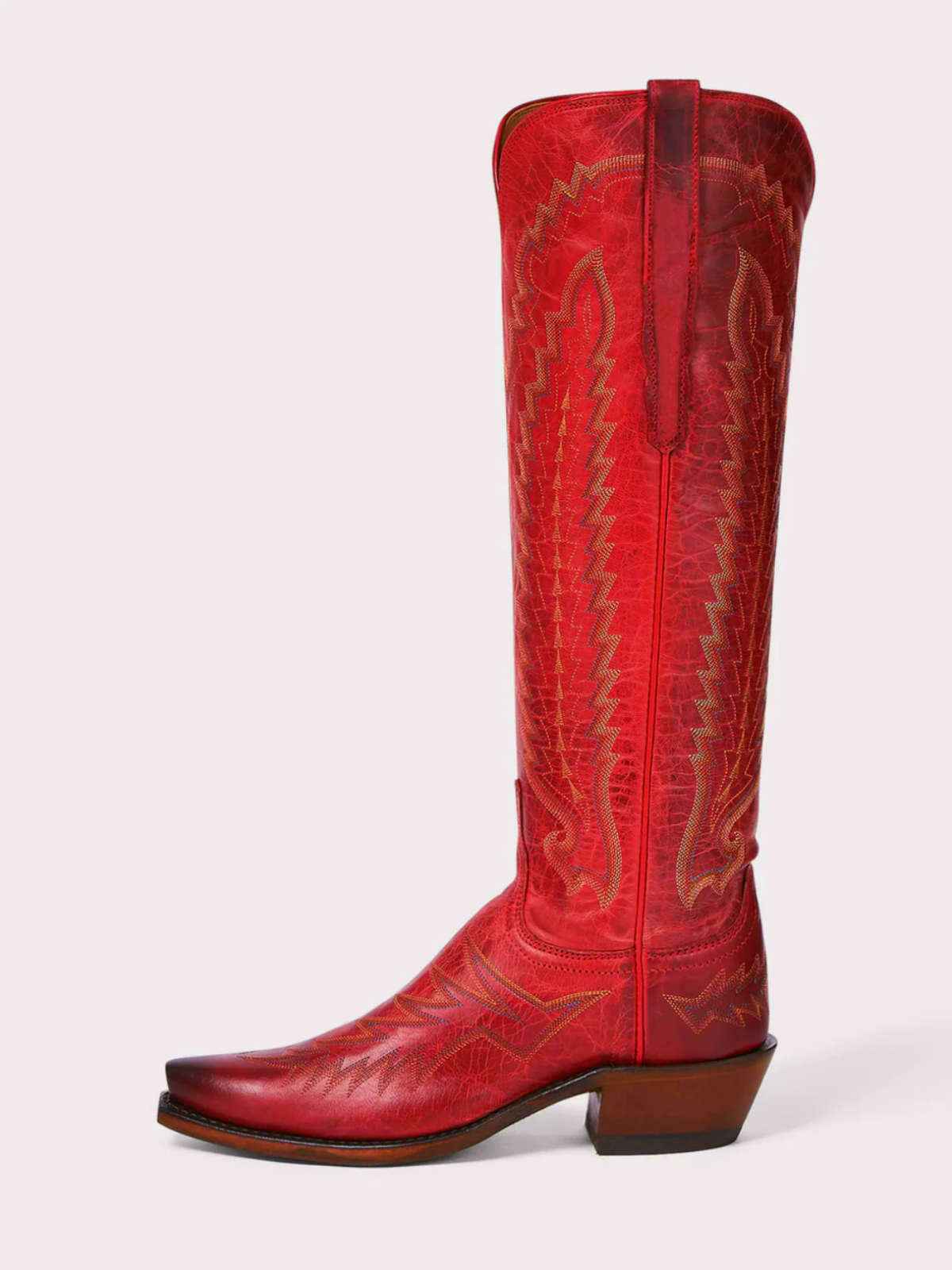 Crinkle Snip-Toe Embroidery Wide Calf Knee High Tall Cowgirl Boots - Red