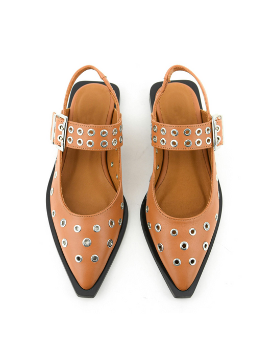 Tan Grommet Eyelet Buckle Pointy Flats Mary Janes Slingbacks