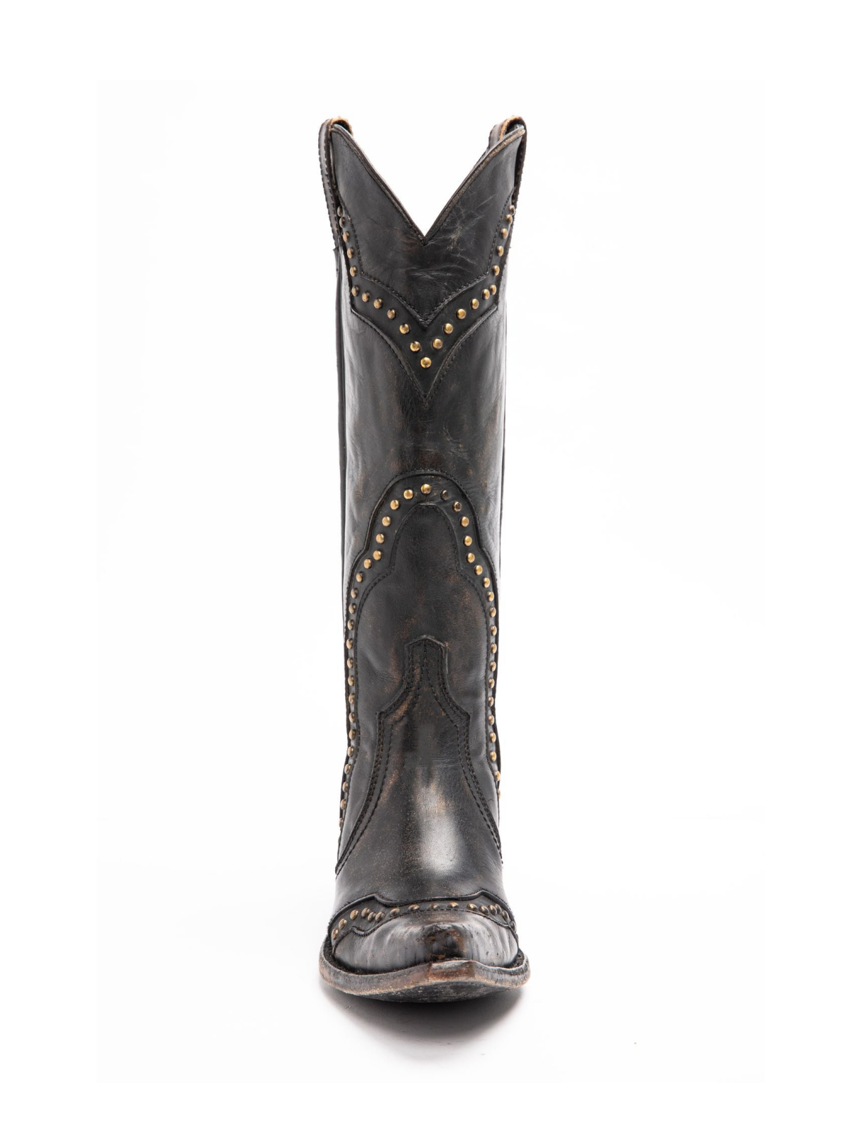 Black Distressed Stitch Studded Snip-Toe Wide Mid Calf Cowgirl Tall Boots