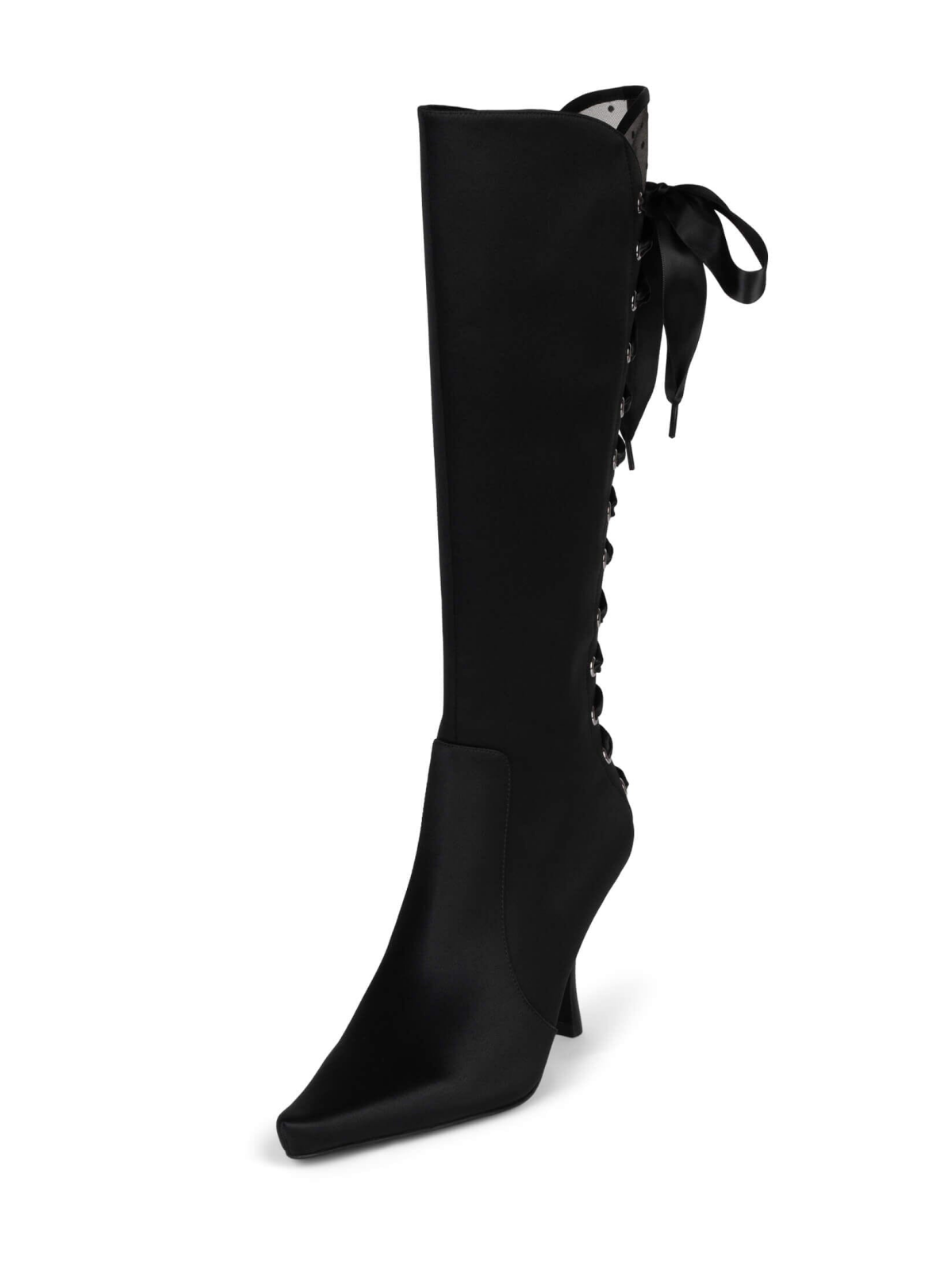 Black Satin Fabric Pointed-Toe Full-Zip Mid Calf Stiletto Boots With Lace-Up